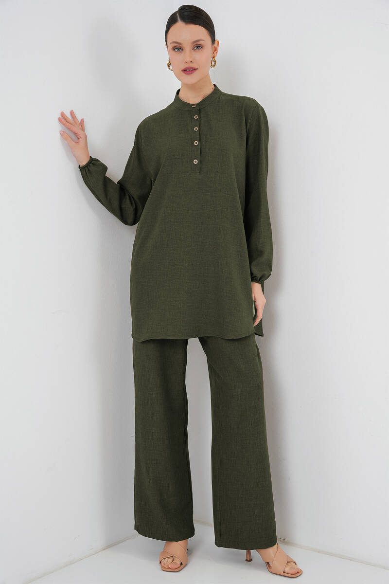 6678 Keten Tunik Pantolon İkili Takım - Haki - BİGDART