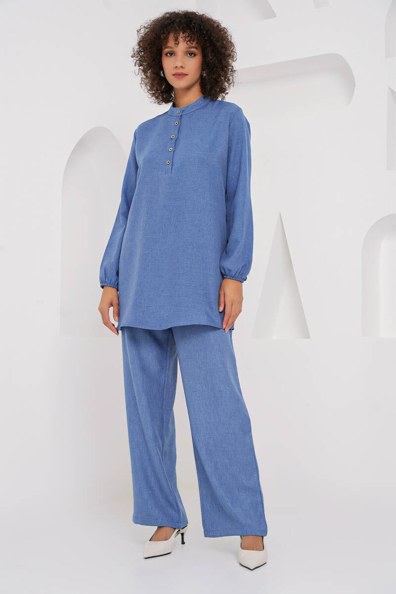6678 Keten Tunik Pantolon İkili Takım - İndigo - BİGDART