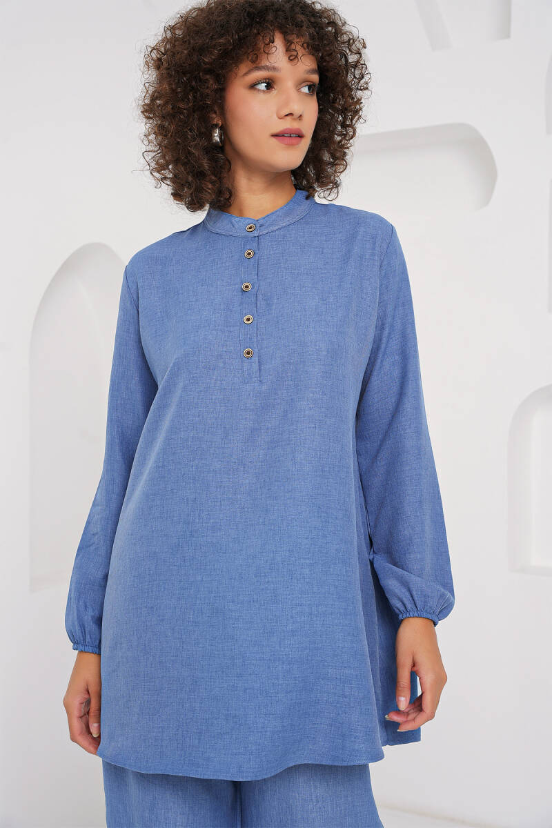 6678 Keten Tunik Pantolon İkili Takım - İndigo (1)