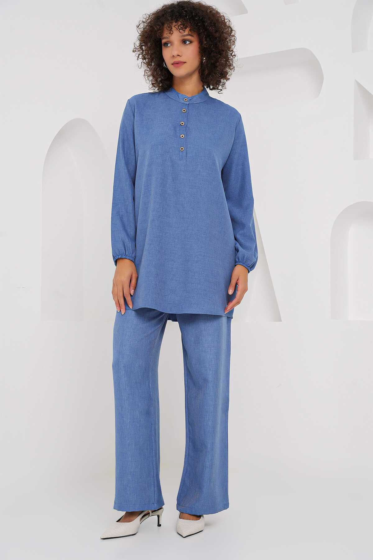 6678 Keten Tunik Pantolon İkili Takım - İndigo - 3