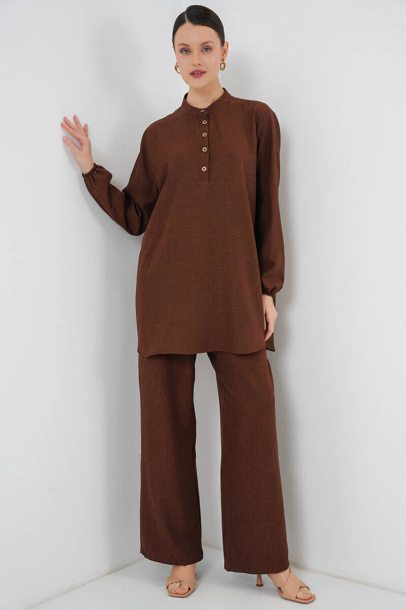 6678 Keten Tunik Pantolon İkili Takım - Kahverengi - BİGDART