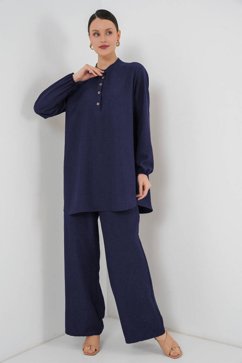 6678 Keten Tunik Pantolon İkili Takım - Lacivert - BİGDART