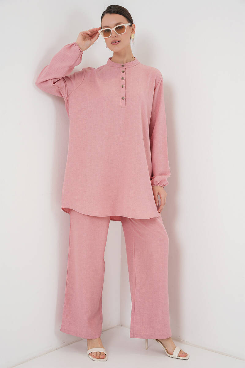 6678 Keten Tunik Pantolon İkili Takım - Pembe - BİGDART