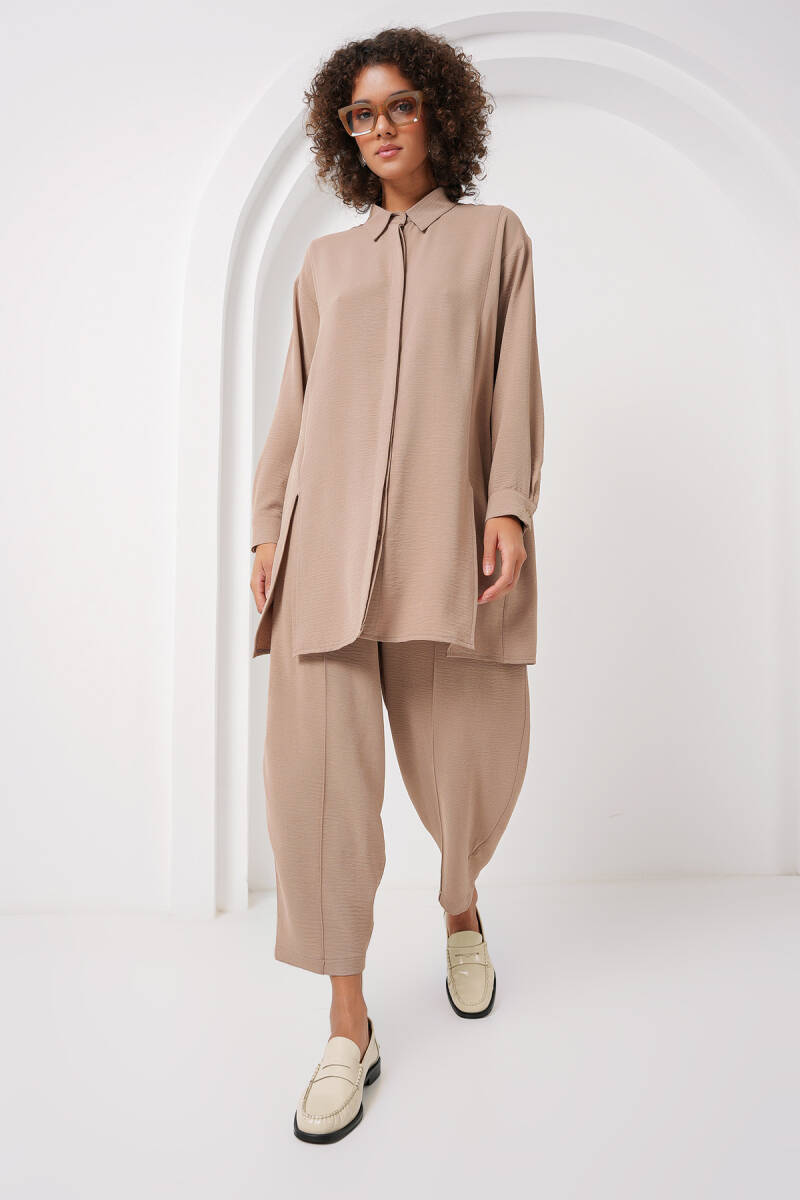6679 Uzun Tunik Pantolon İkili Takım - Bej - BİGDART