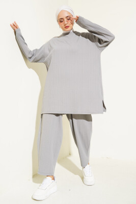 6681 Bisiklet Yaka Tunik Pantolon İkili Takım - Gri - BİGDART
