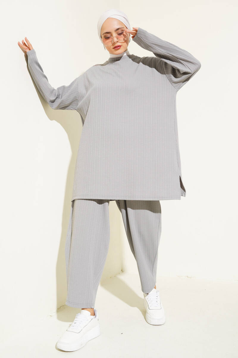 6681 Bisiklet Yaka Tunik Pantolon İkili Takım - Gri - BİGDART
