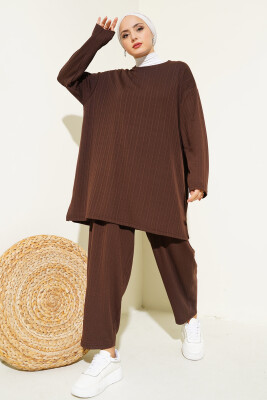 6681 Bisiklet Yaka Tunik Pantolon İkili Takım - Kahverengi 