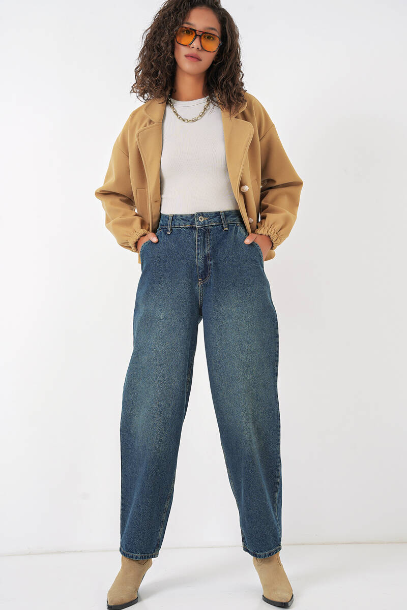 6688 Kadın Yüksek Bel Baggy Kot Pantolon - İndigo - BİGDART