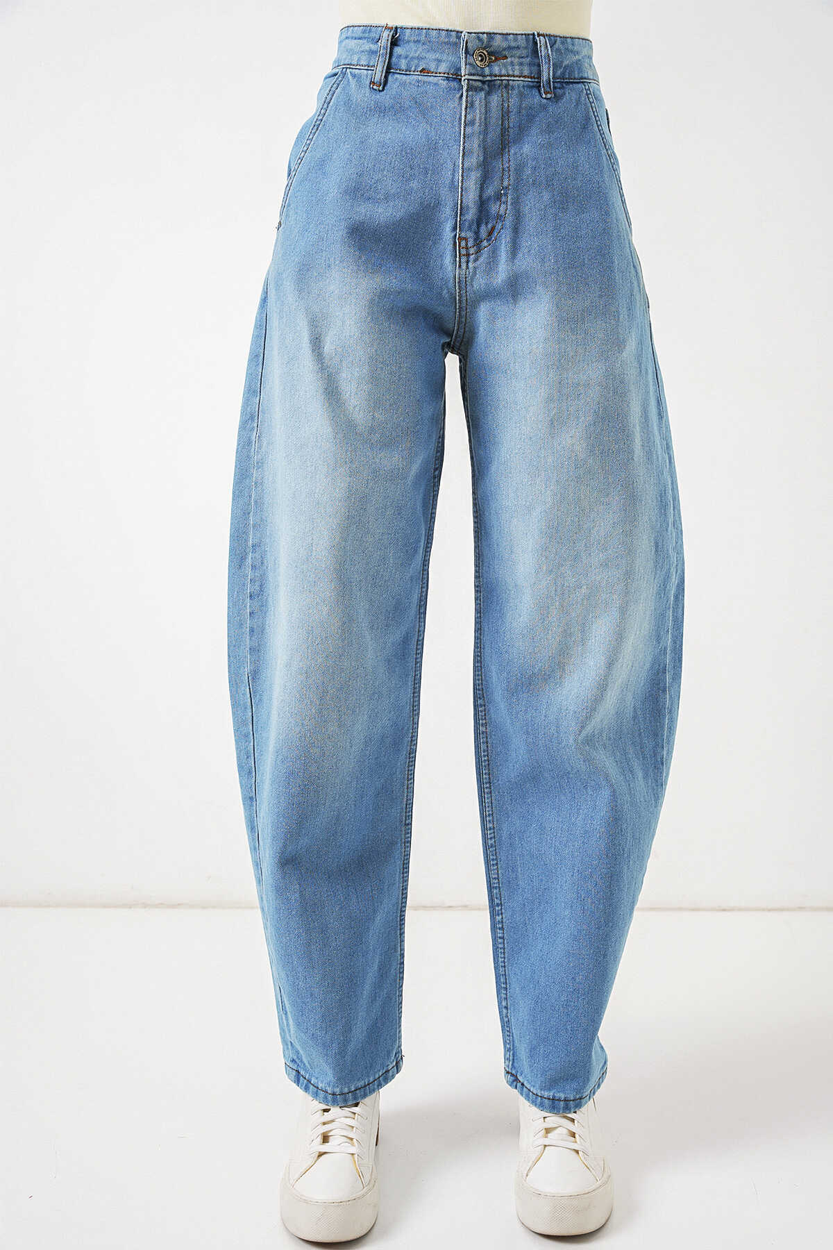 6689 Kadın Yüksek Bel Baggy Kot Pantolon - Açık Mavi - 2