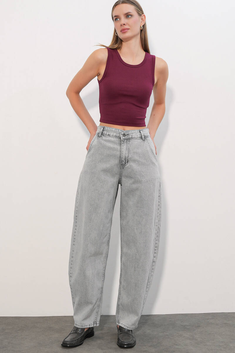 6689 Kadın Yüksek Bel Baggy Kot Pantolon - Gri - BİGDART