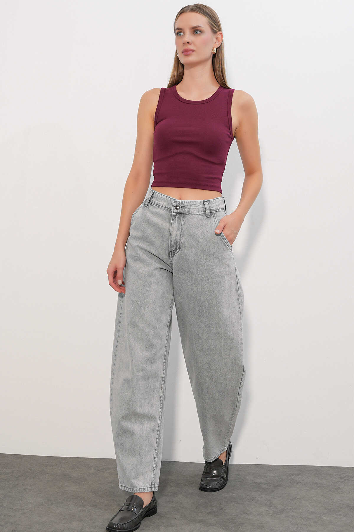 6689 Kadın Yüksek Bel Baggy Kot Pantolon - Gri - 3