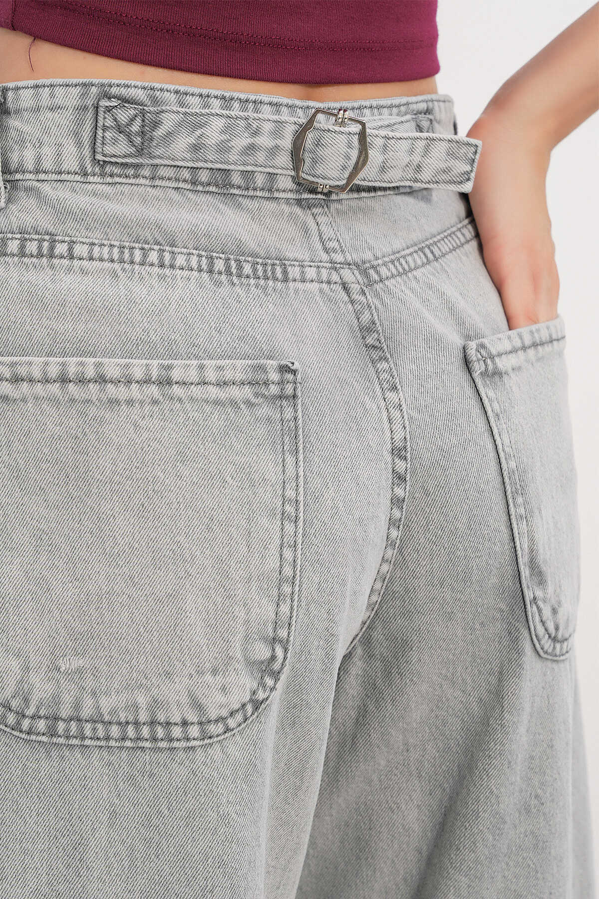 6689 Kadın Yüksek Bel Baggy Kot Pantolon - Gri - 5