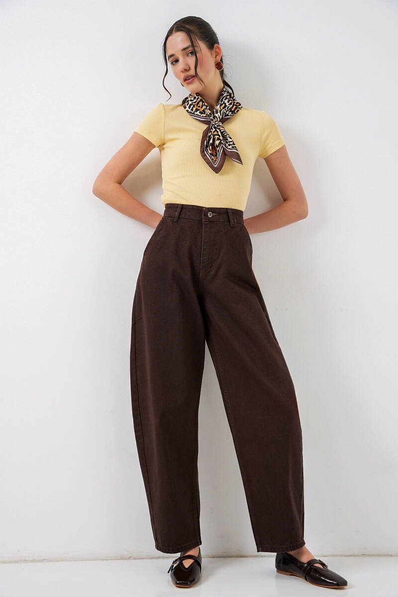 6689 Kadın Yüksek Bel Baggy Kot Pantolon - Kahverengi - BİGDART