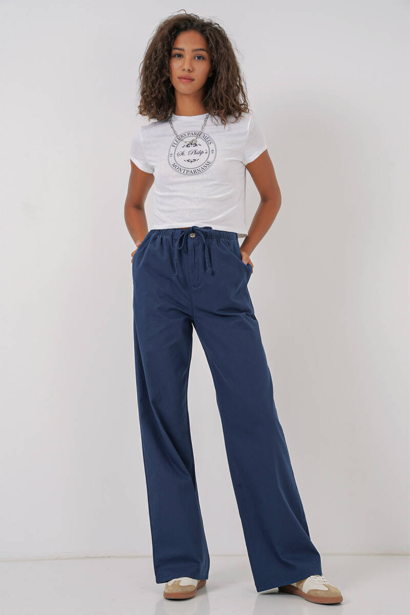 6690 Kadın Bol Paça Yüksek Bel Pantolon - İndigo - BİGDART