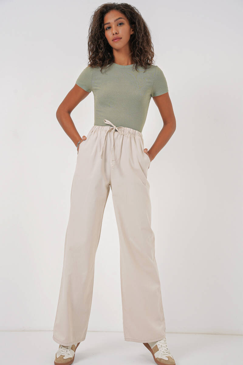 6690 Kadın Bol Paça Yüksek Bel Pantolon - Krem - BİGDART