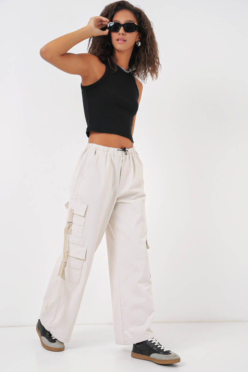 6691 Geniş Paça Kargo Pantolon - Ekru - BİGDART