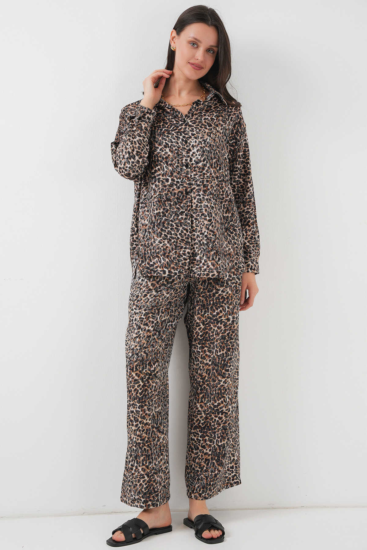 6699 Leopar Desenli Alt Üst Takım - C. Kahverengi - 1