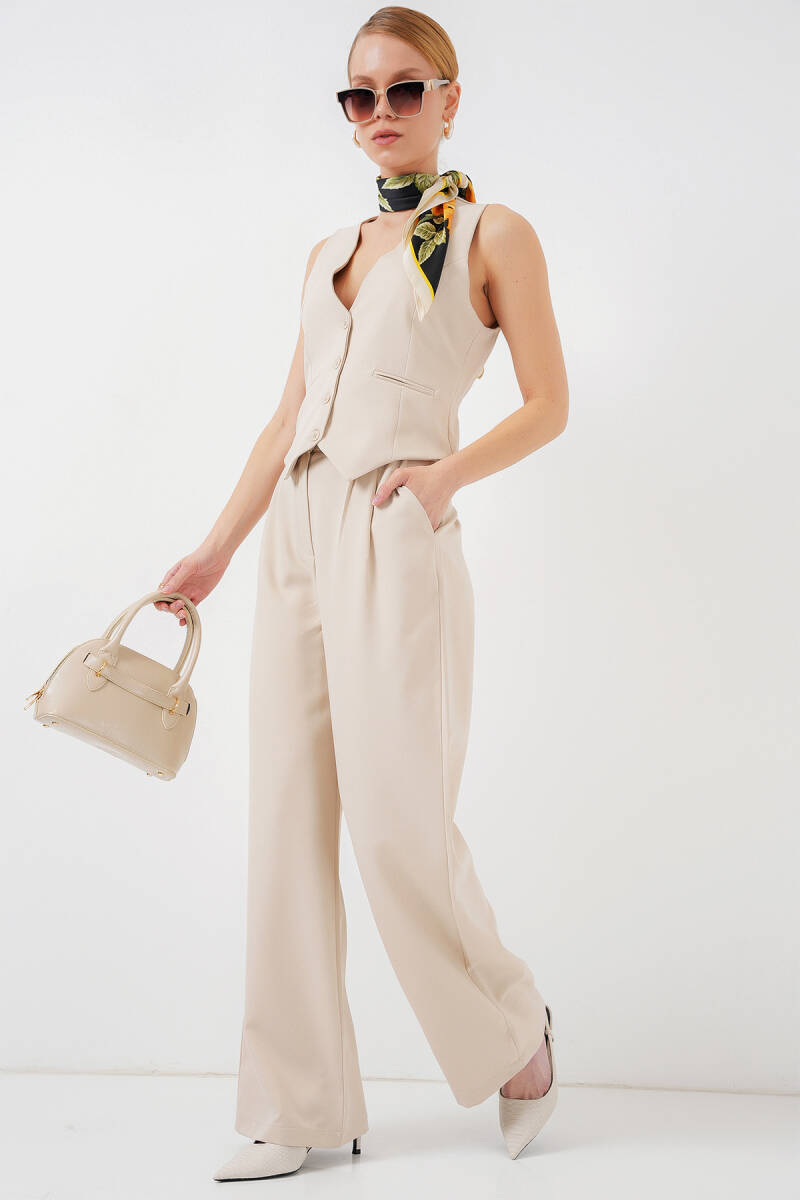 6709 Kadın Yelek Pantolon İkili Takım - Krem - BİGDART