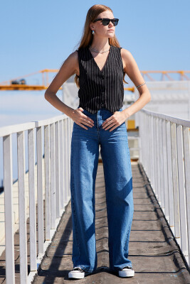 6794 Çizgili Dokuma Yelek - Siyah - BİGDART