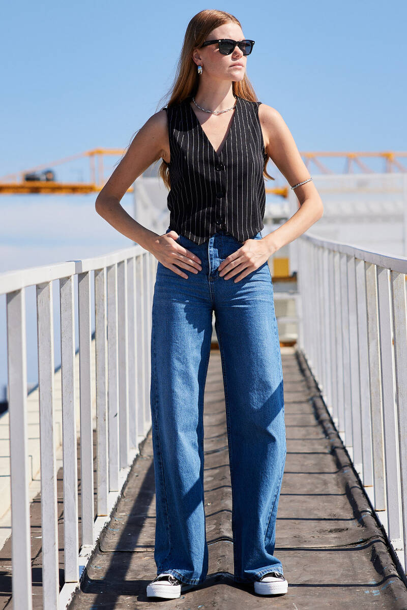 6794 Çizgili Dokuma Yelek - Siyah - BİGDART