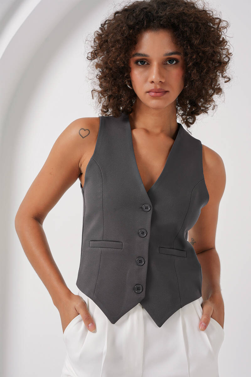 6796 Kısa Dokuma Yelek - Füme - BİGDART