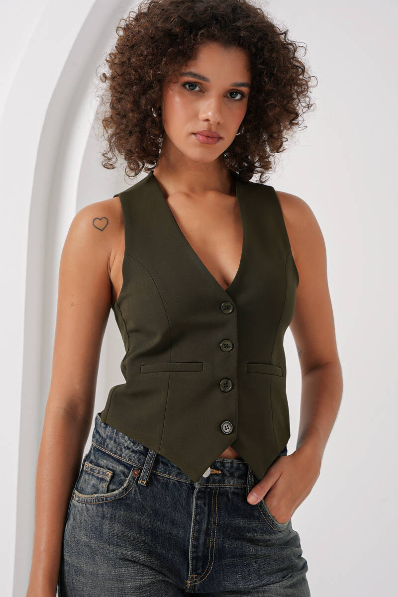 6796 Kısa Dokuma Yelek - Haki - BİGDART