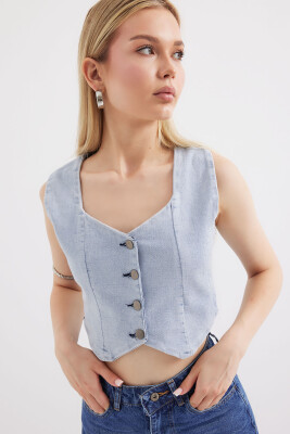 6797 Crop Kot Yelek - Mavi - BİGDART