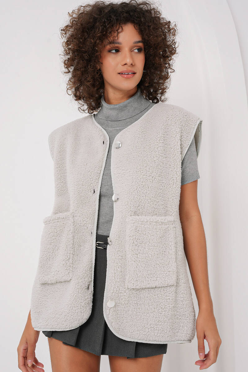 6803 Cepli Peluş Yelek - Gri - BİGDART