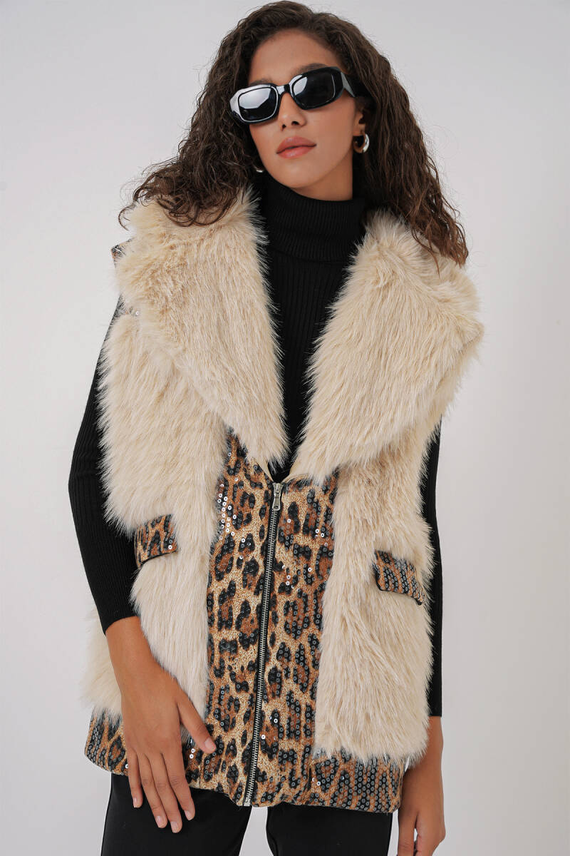 6806 Suni Kürk Yelek - Krem - BİGDART