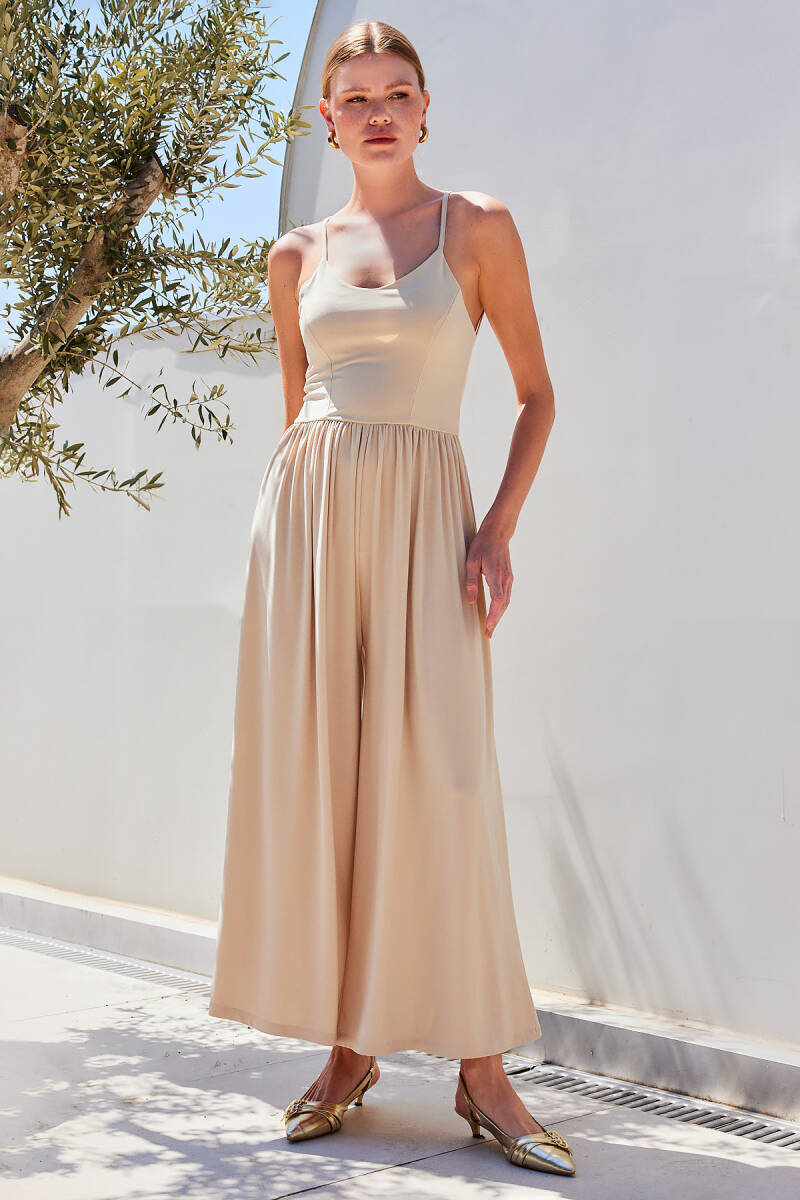 7029 Bol Paça Askılı Tulum - Bej - BİGDART
