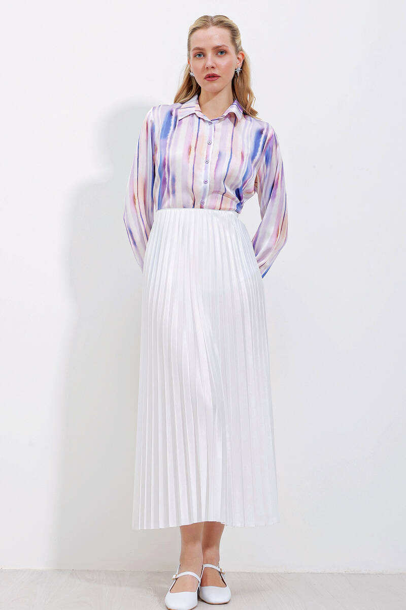 8009 Deri Görünümlü Piliseli Etek - Beyaz - BİGDART