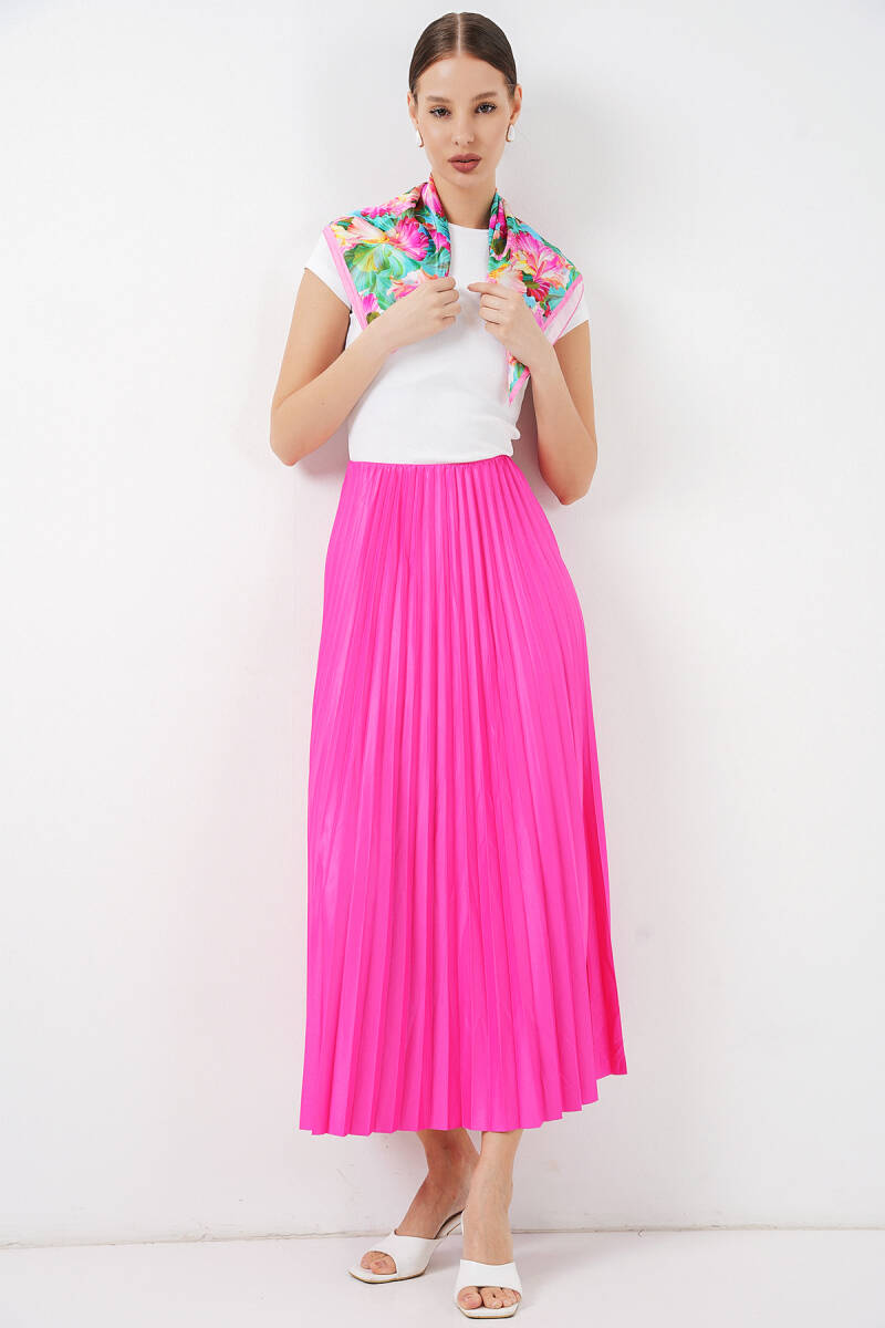 8009 Deri Görünümlü Piliseli Etek - Fuşya - BİGDART