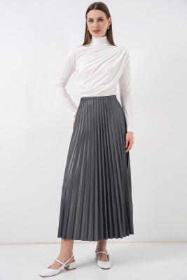 8009 Deri Görünümlü Piliseli Etek - Gri 