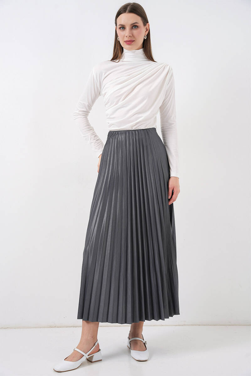 8009 Deri Görünümlü Piliseli Etek - Gri - BİGDART