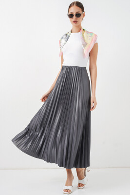 8009 Deri Görünümlü Piliseli Etek - Gri 