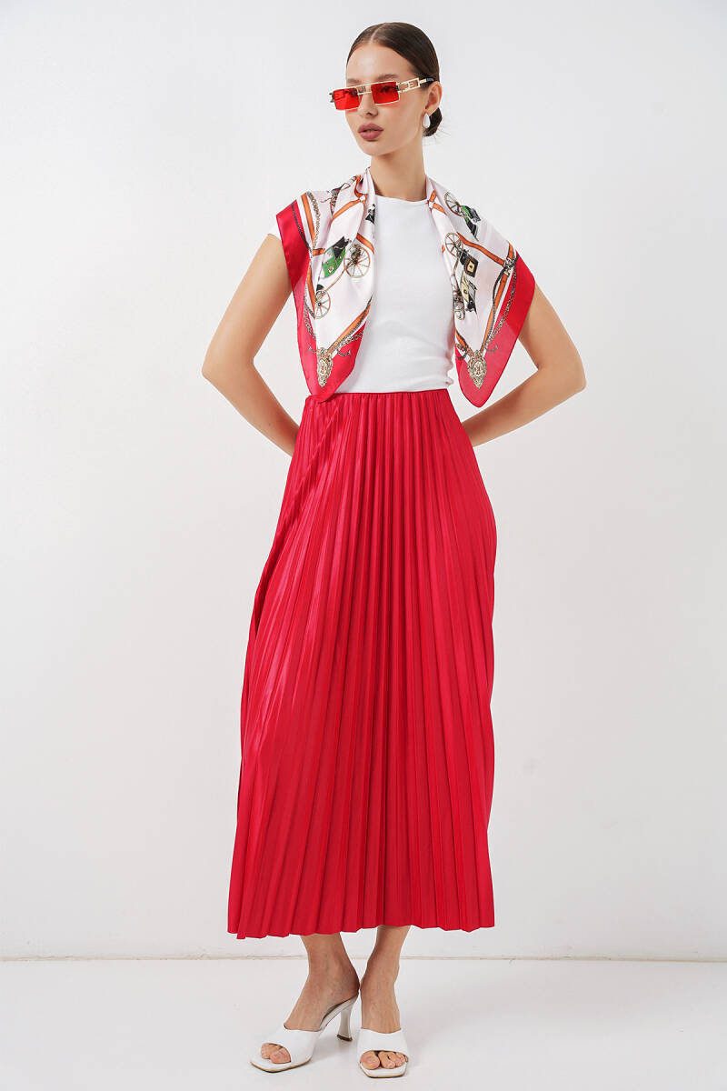 8009 Deri Görünümlü Piliseli Etek - Kırmızı - BİGDART