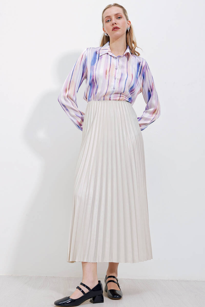 8009 Deri Görünümlü Piliseli Etek - Krem - BİGDART