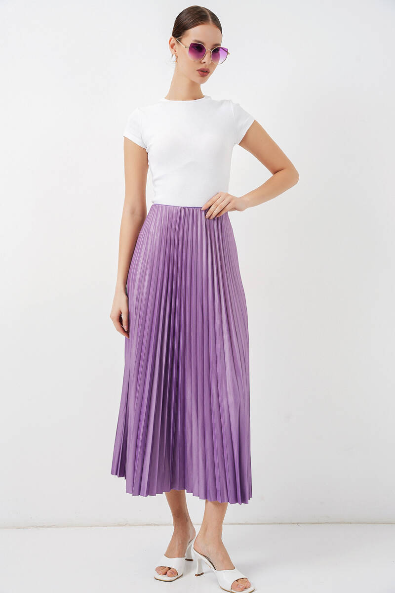 8009 Deri Görünümlü Piliseli Etek - Lila - BİGDART