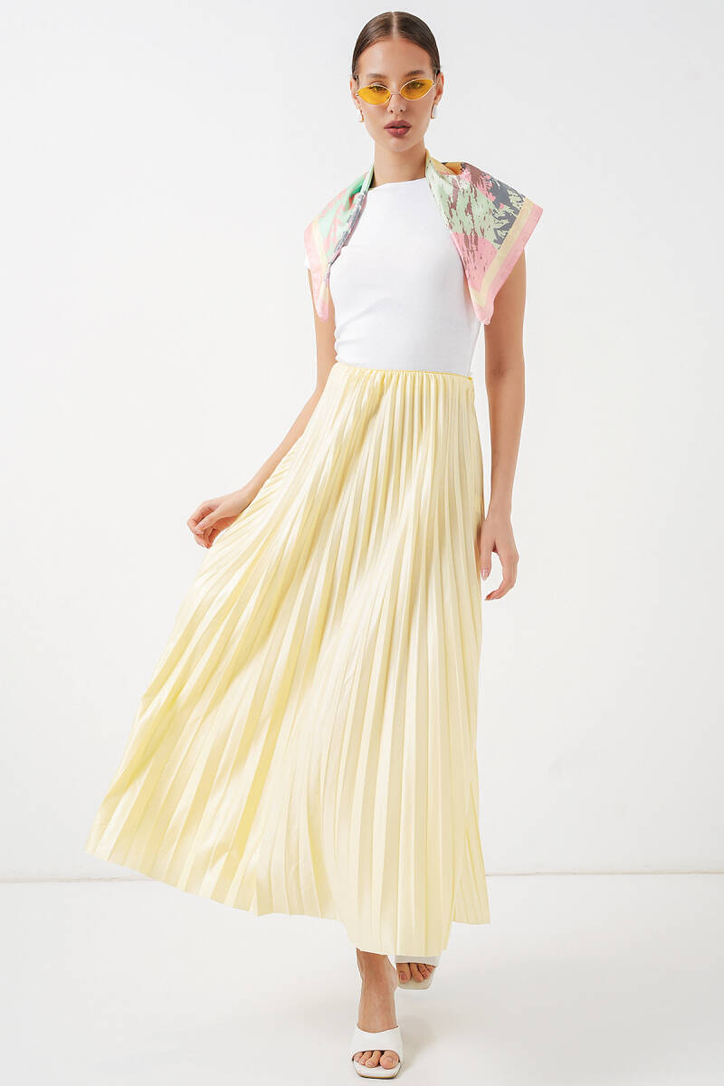 8009 Deri Görünümlü Piliseli Etek - Sarı - BİGDART