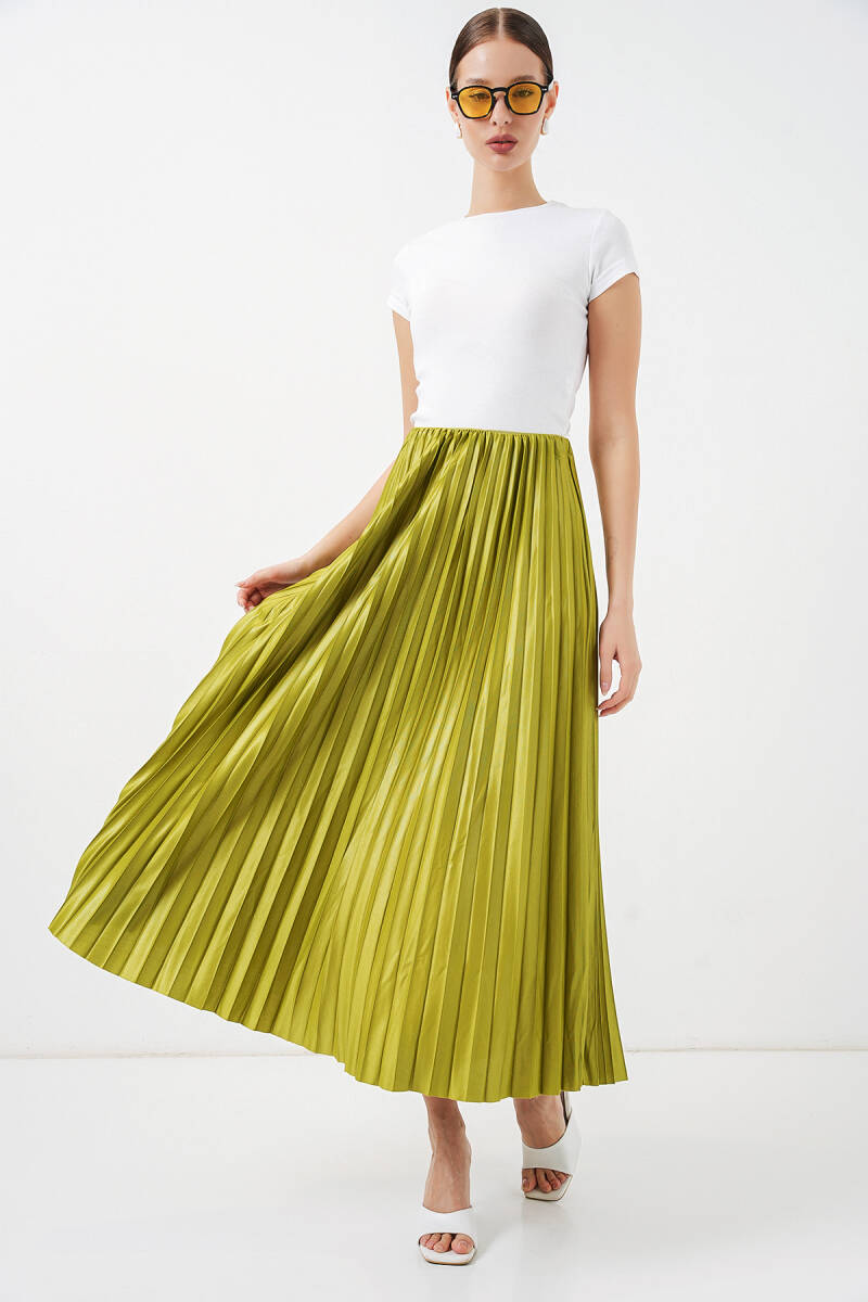 8009 Deri Görünümlü Piliseli Etek - Yağ Yeşil - BİGDART