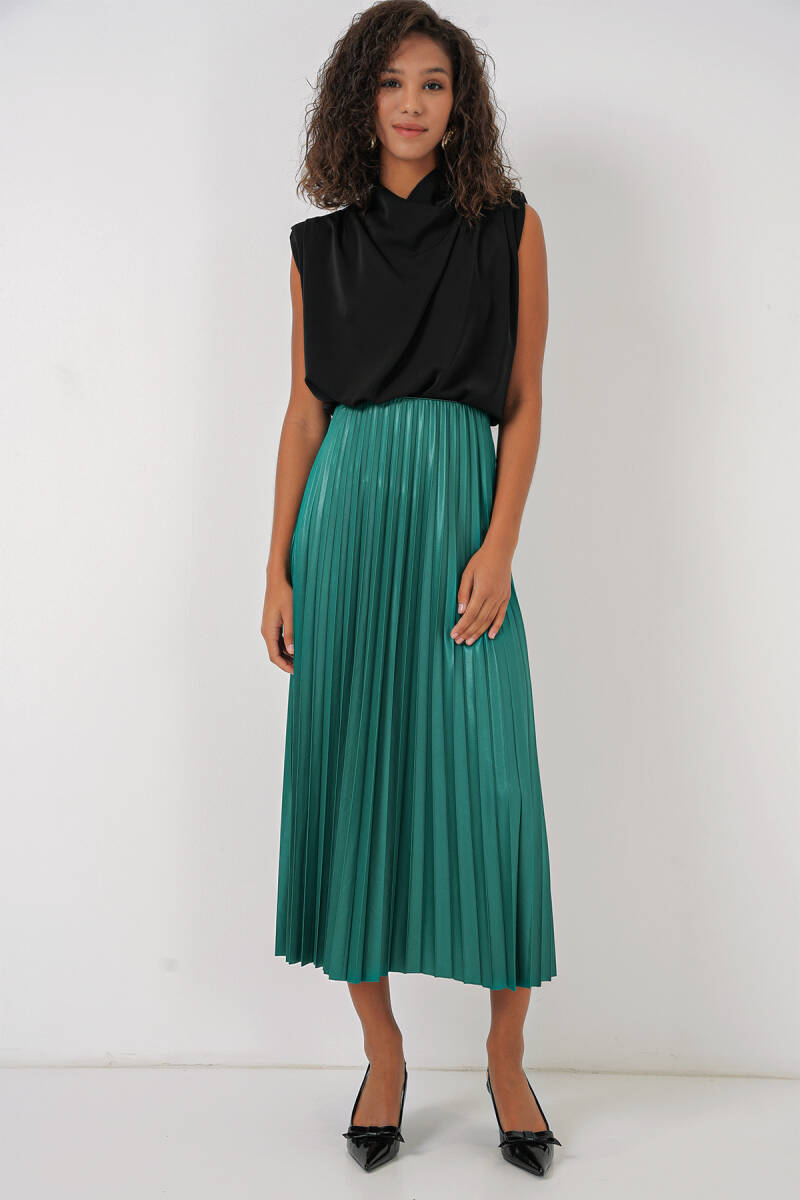 8009 Deri Görünümlü Piliseli Etek - Yeşil - BİGDART