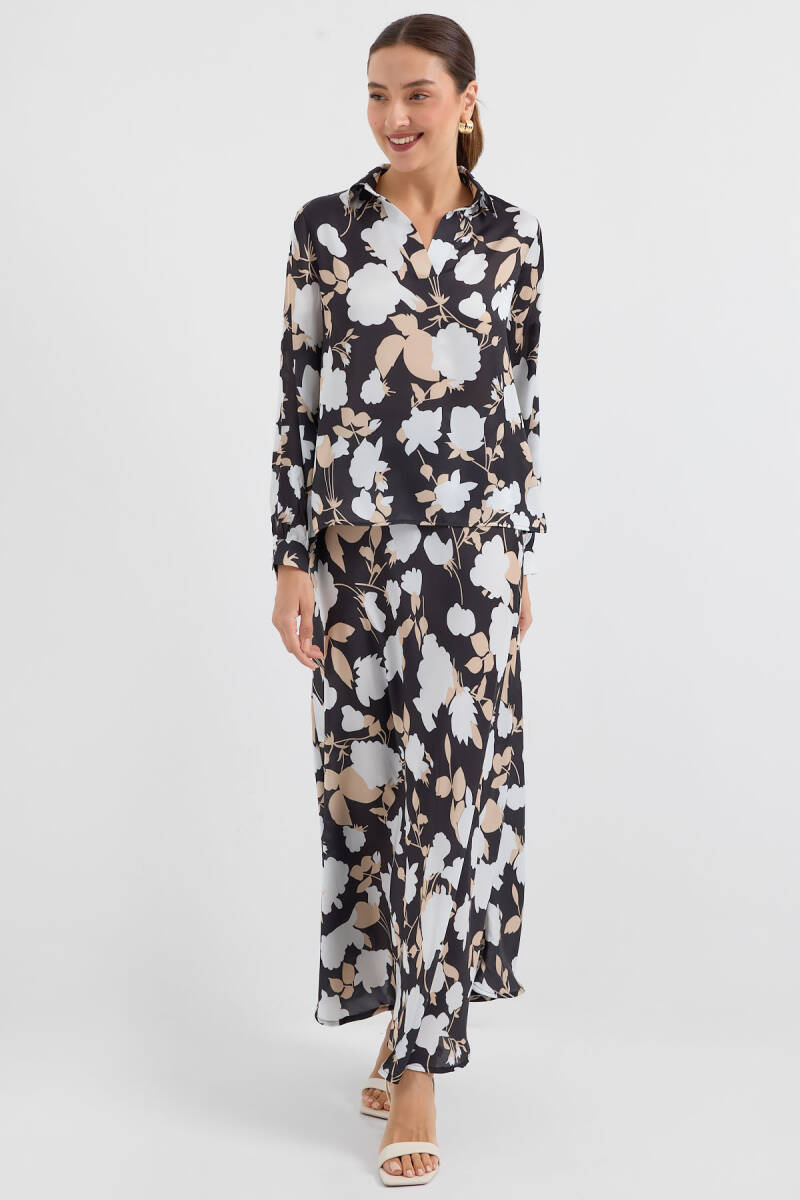 8018 Desenli Saten İkili Takım - Siyah - BİGDART