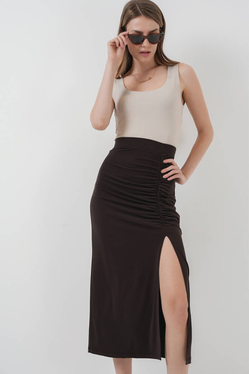 8033 Sandy Yırtmaçlı Etek - Kahverengi (1)