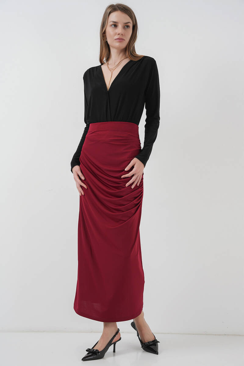 8035 Büzgülü Midi Etek - Bordo - BİGDART