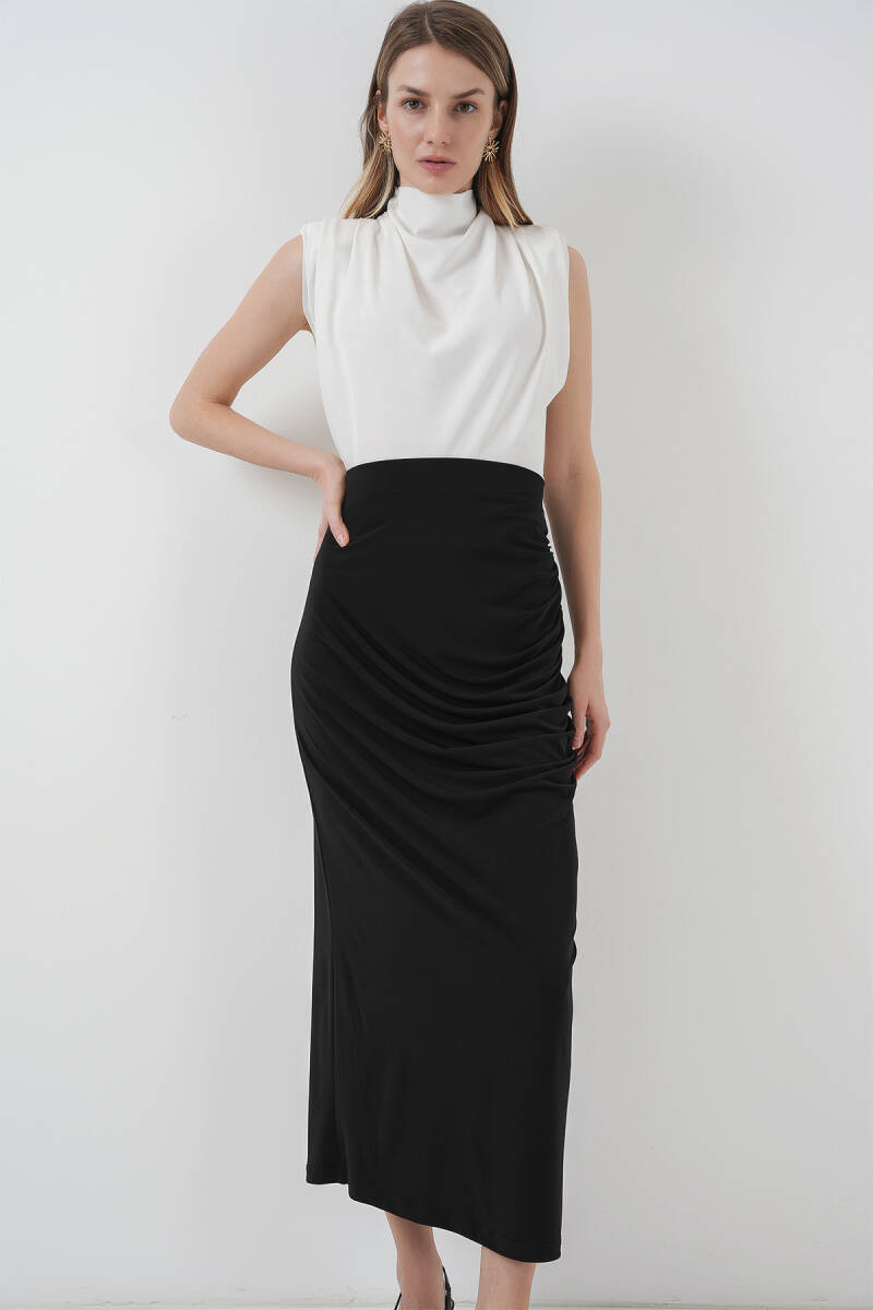 8035 Büzgülü Midi Etek - Siyah - BİGDART