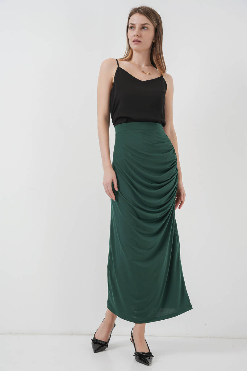 8035 Büzgülü Midi Etek - Zümrüt Yeşili - BİGDART