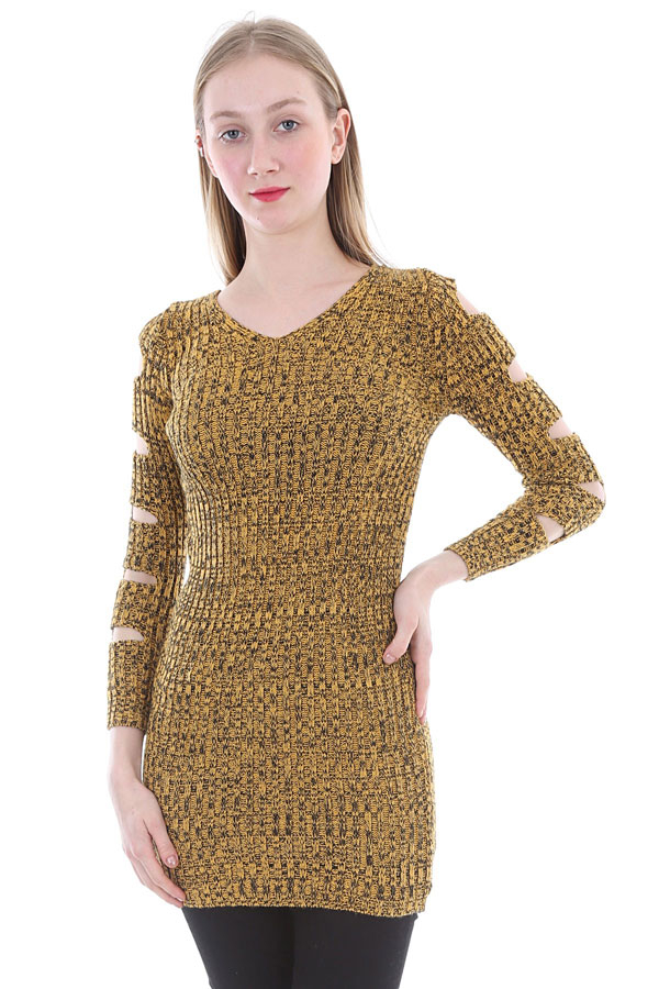 8102 KOL DETAYLI TRİKO ELBİSE - Hardal - BİGDART