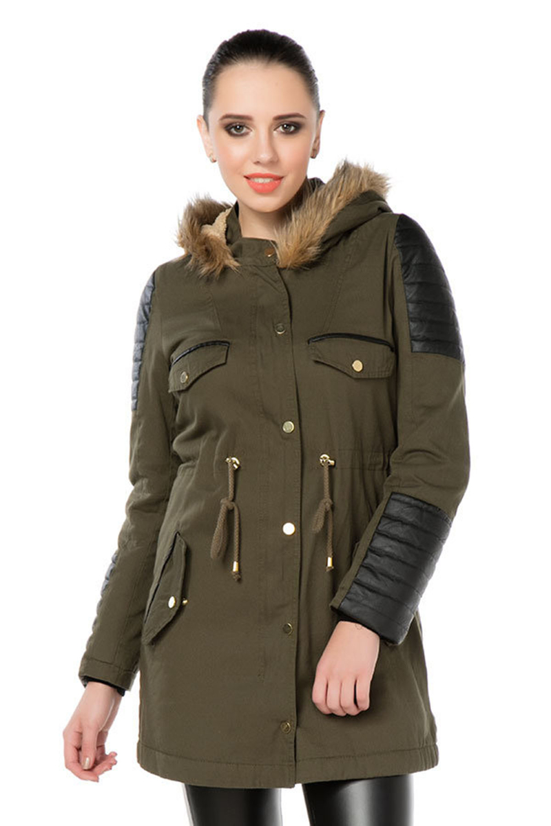 9001 KAPŞONLU DERİ DETAYLI KABAN - Haki - BİGDART