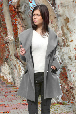 9029 DERİ DETAY KAŞE KABAN - Gri - BİGDART