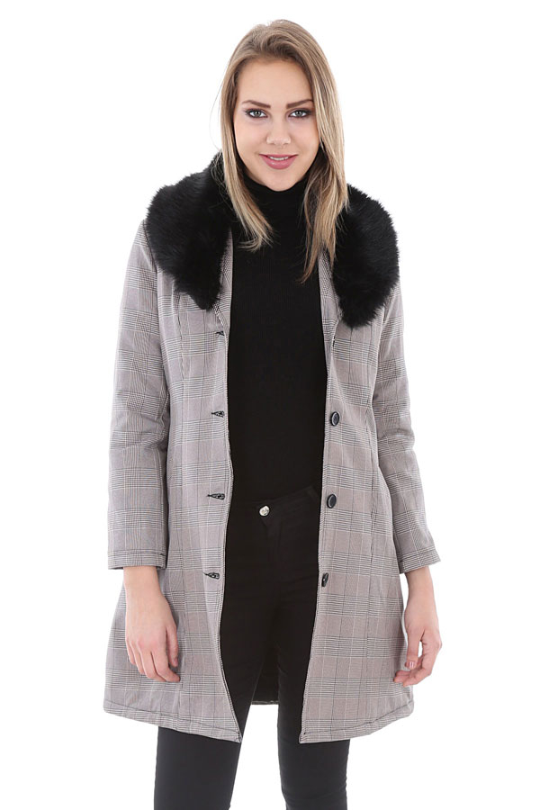 9040 KARE DESENLİ KÜRKLÜ KABAN - Bej - BİGDART